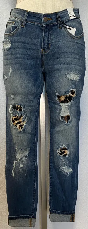 LEOPARD PRINT PATCH SKINNY CUFF JEANS