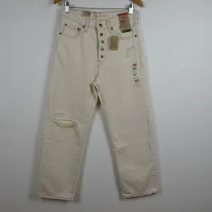 Levi's Ribcage Straight Ankle Jeans Size 28x27 Ivory Denim Distressed Button Fly