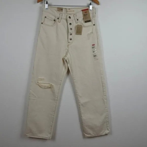 Levi's Ribcage Straight Ankle Jeans Size 28x27 Ivory Denim Distressed Button Fly