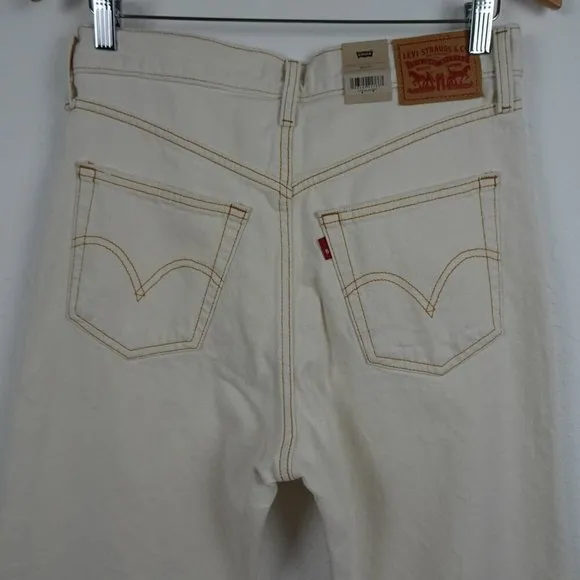 Levi's Ribcage Straight Ankle Jeans Size 28x27 Ivory Denim Distressed Button Fly