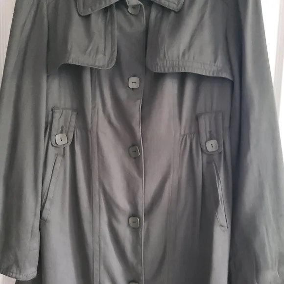LIFE AFTER DENIM 100% Silk Twill Olive Green Button Front Trench Coat Medium