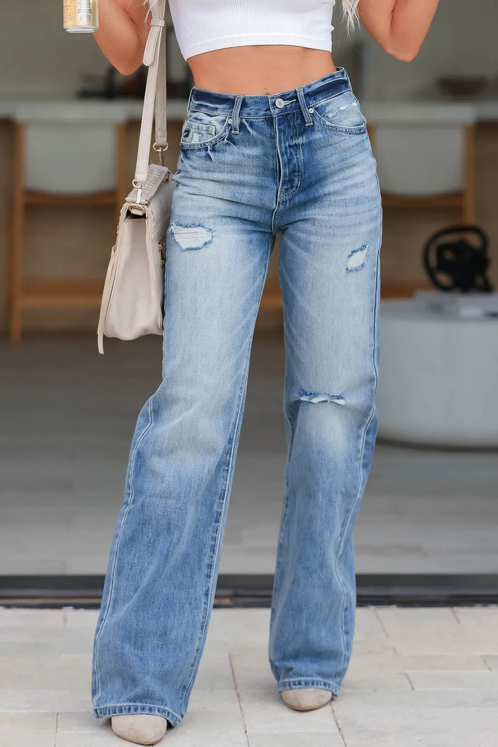 Light Blue High Rise Distressed Straight Leg Jeans