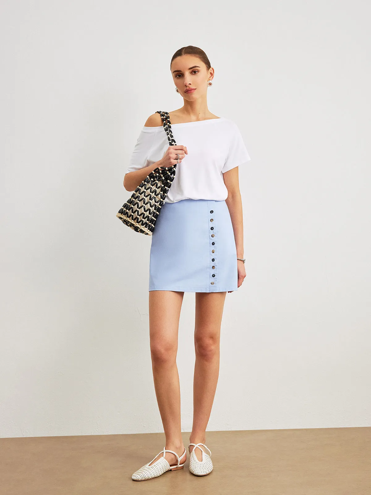 Linen & Cotton Mid-Waist  Asymmetrical Decor Button Zipper Skirt