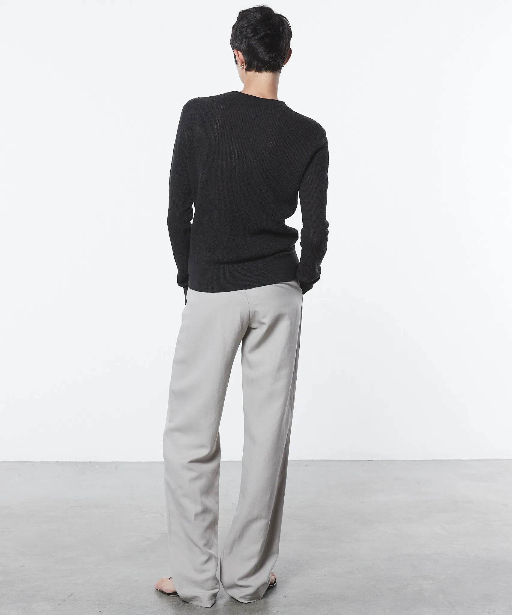 Linen Open Knit Crewneck in Black