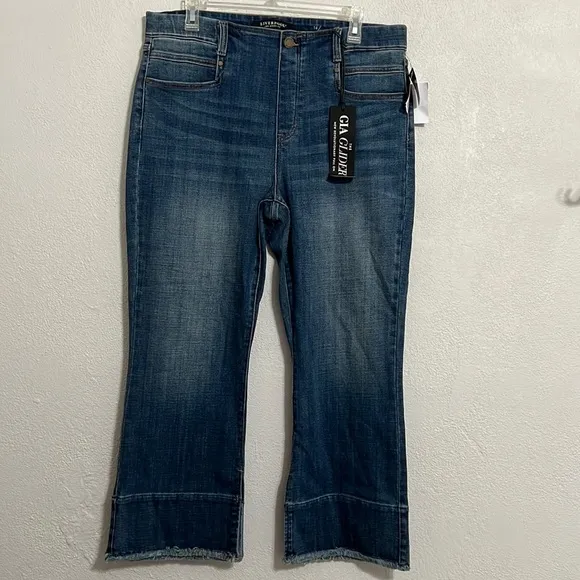 Liverpool Gia Glider The Crop Flare Cartersville Blue Fray Hem NWT