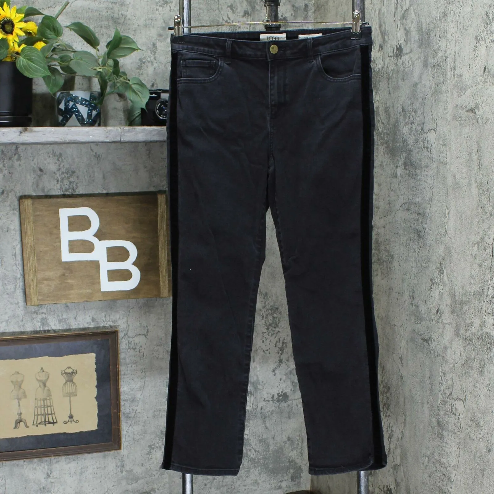 LOGO by Lori Goldstein Women's Tuxedo Stripe Straight Leg Jeans Black 10