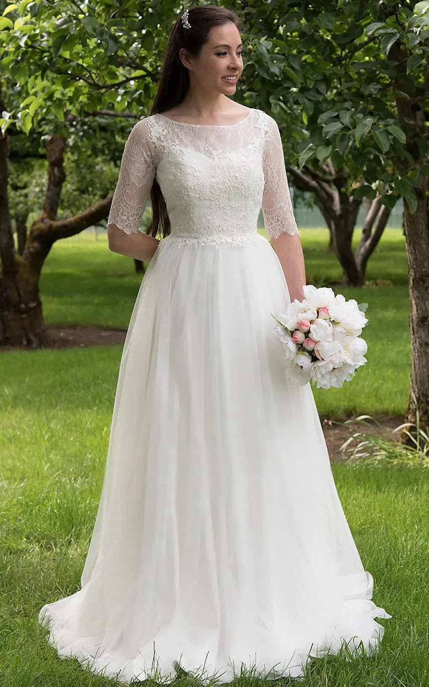 Long A-Line Tulle and Lace Wedding Dress With Elbow Sleeves-ET_711161