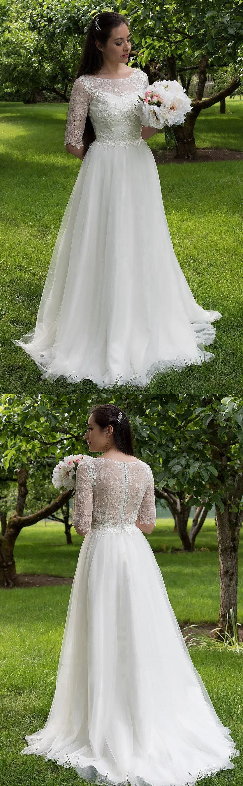 Long A-Line Tulle and Lace Wedding Dress With Elbow Sleeves-ET_711161