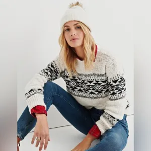 Lucky brand skarsky fairisle sweater large white black wool alpaca
