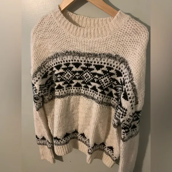 Lucky brand skarsky fairisle sweater large white black wool alpaca