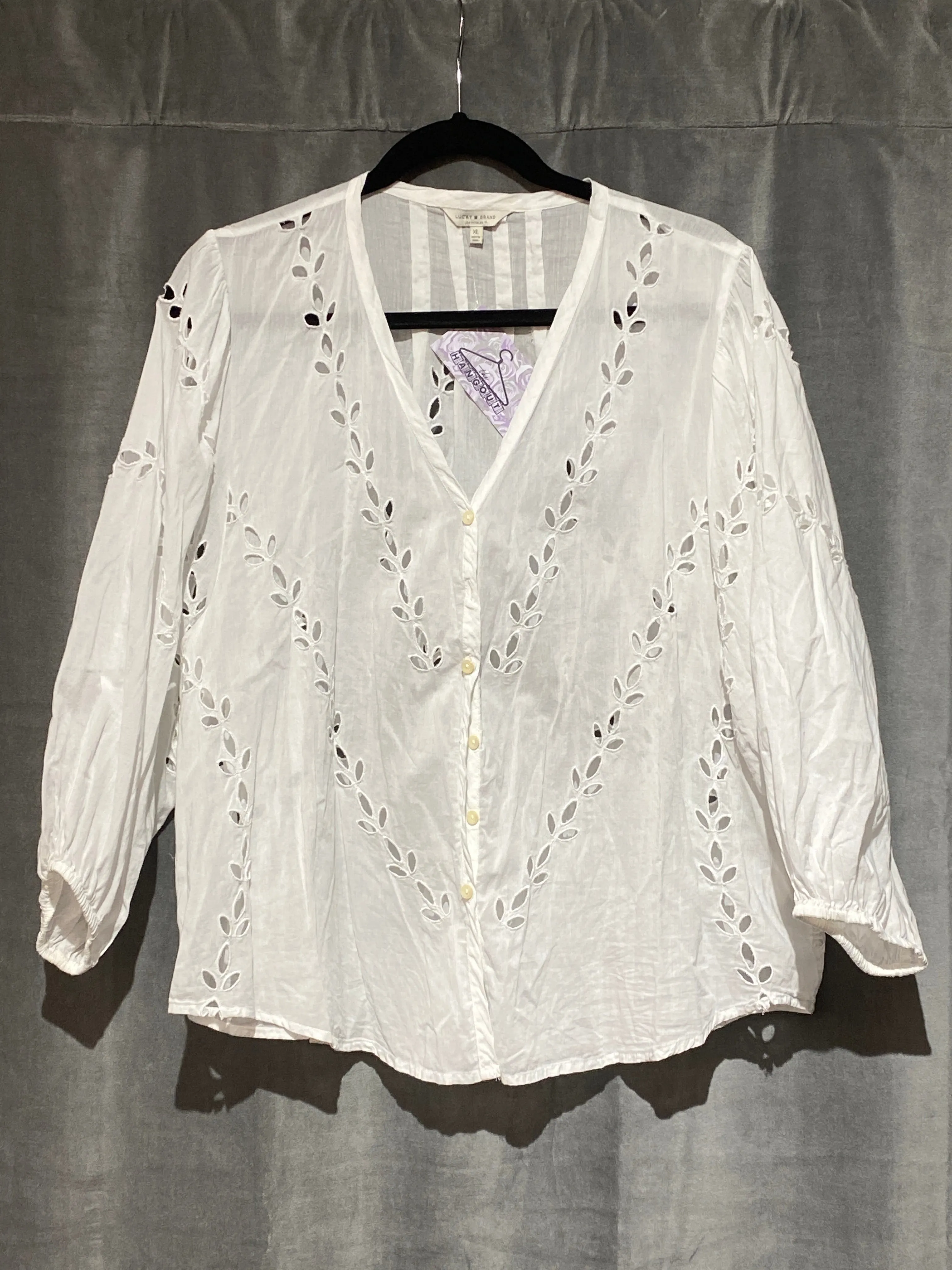 Lucky Brand White Cotton Cut Out Floral Long Sleeve Blouse