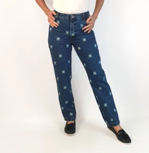 Lucy & Yak mid-denim straight leg pants with cute flower embroydery size W28/R (best fits AU10) as new with tags