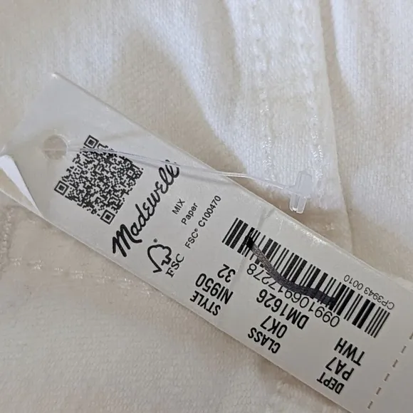 Madewell NWT The Perfect Vintage Straight High Waist Jean size 32 NI950 White