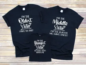 Matching Sisters Slogan Tops Youngest, Middle & Oldest Child