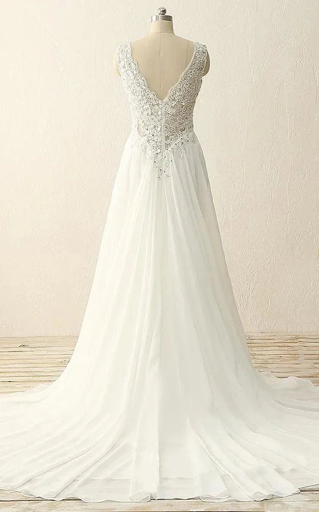 Maxi V-Neck Beading Chiffon Lace Satin Dress