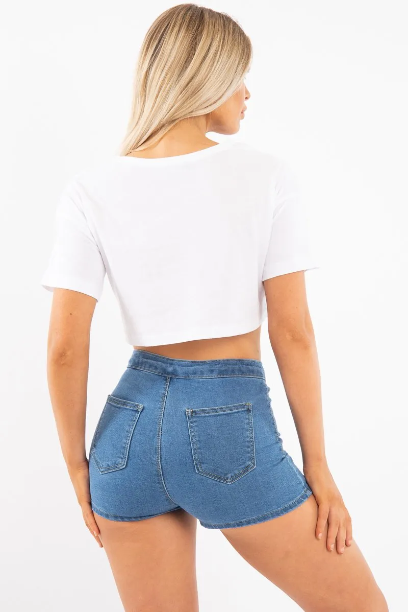 Mid Blue High Waist Denim Hot Pant Shorts - Lylah