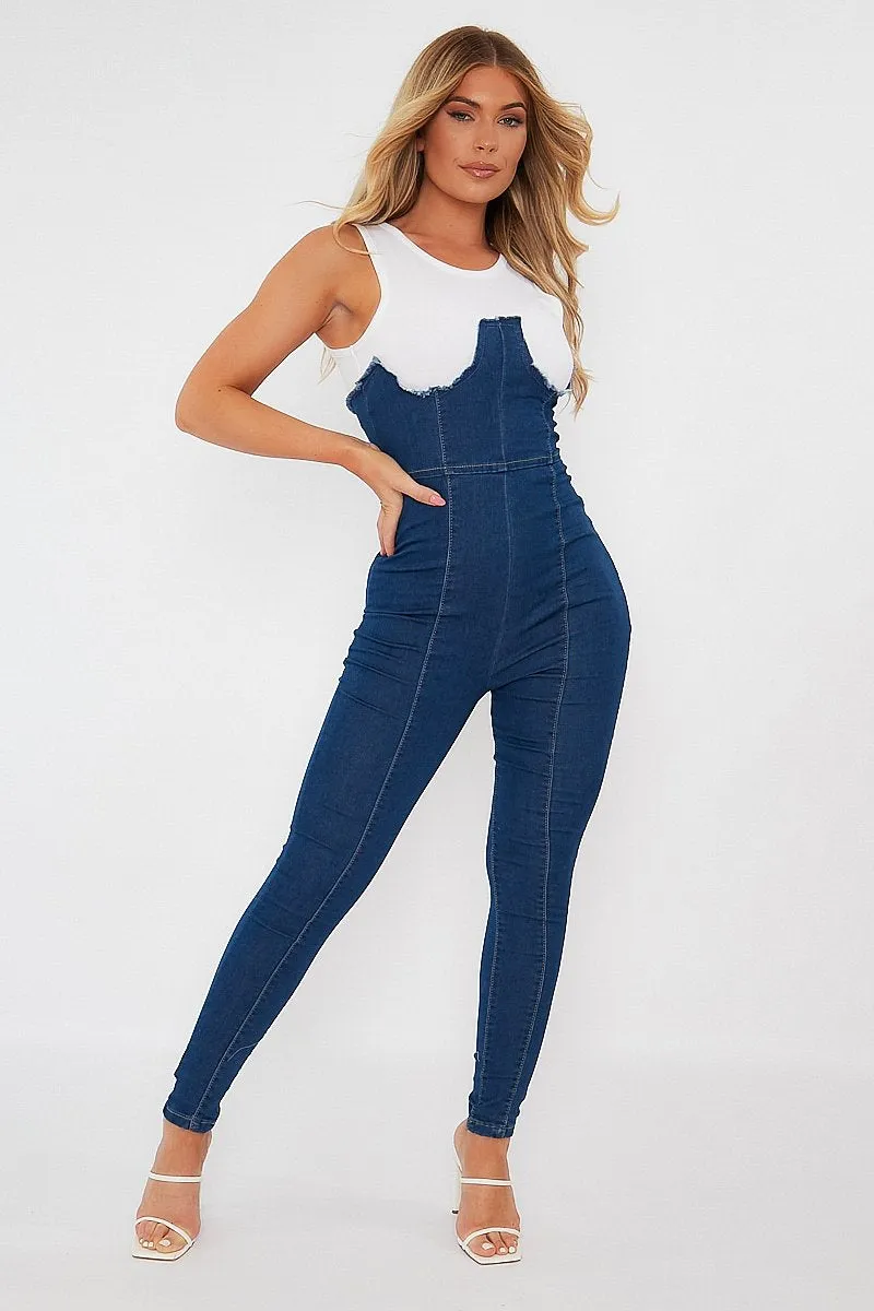 Mid Blue Sleeveless Denim Jumpsuit - Lowri