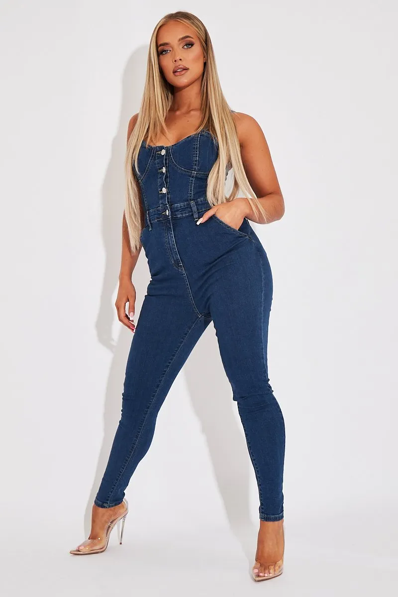 Mid Blue Strappy Button Front Denim Jumpsuit - Roma