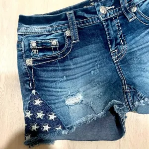 Miss Me Low Rise Stretch Denim Shorts size 27 Exclusive American flag embroidery