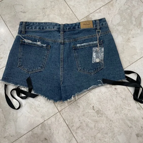 MITI BACI {XL} Jean Shorts Lace-Up Dark Wash NWT