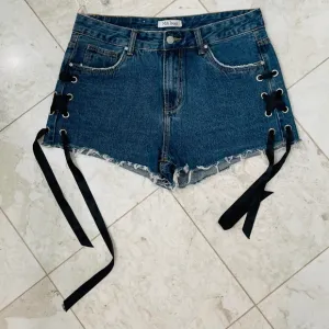 MITI BACI {XL} Jean Shorts Lace-Up Dark Wash NWT