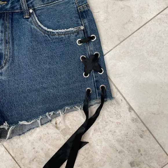 MITI BACI {XL} Jean Shorts Lace-Up Dark Wash NWT
