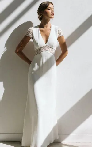 Modest Simple Sheath Short Sleeve Empire Floor-Length Sweep Train Chiffon V-neck Wedding Dress