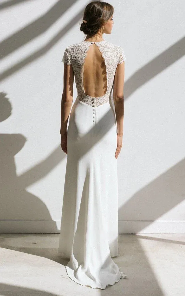 Modest Simple Sheath Short Sleeve Empire Floor-Length Sweep Train Chiffon V-neck Wedding Dress