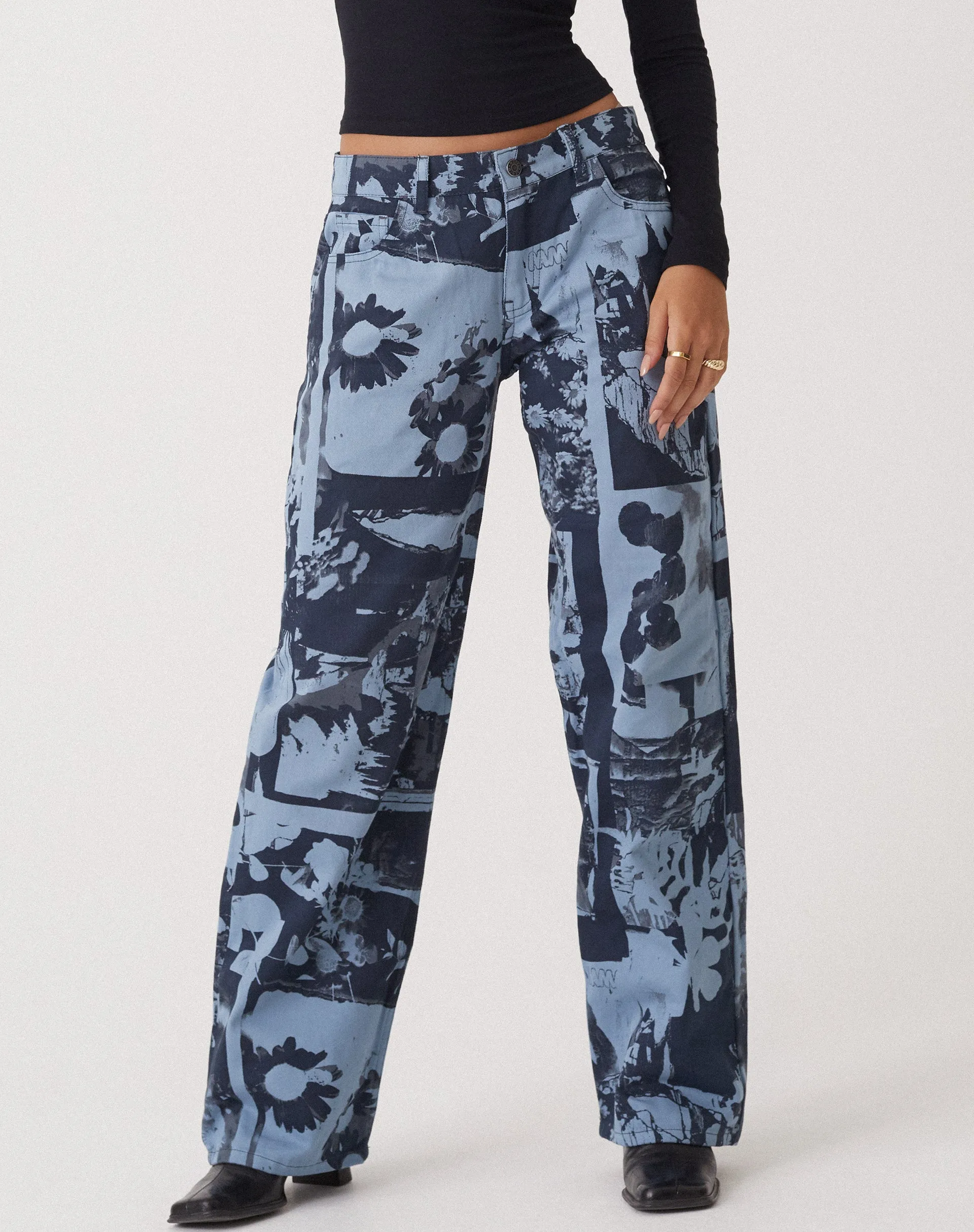 Motel x Olivia Neill Low Rise Parallel Jean in Photo Collage Blue