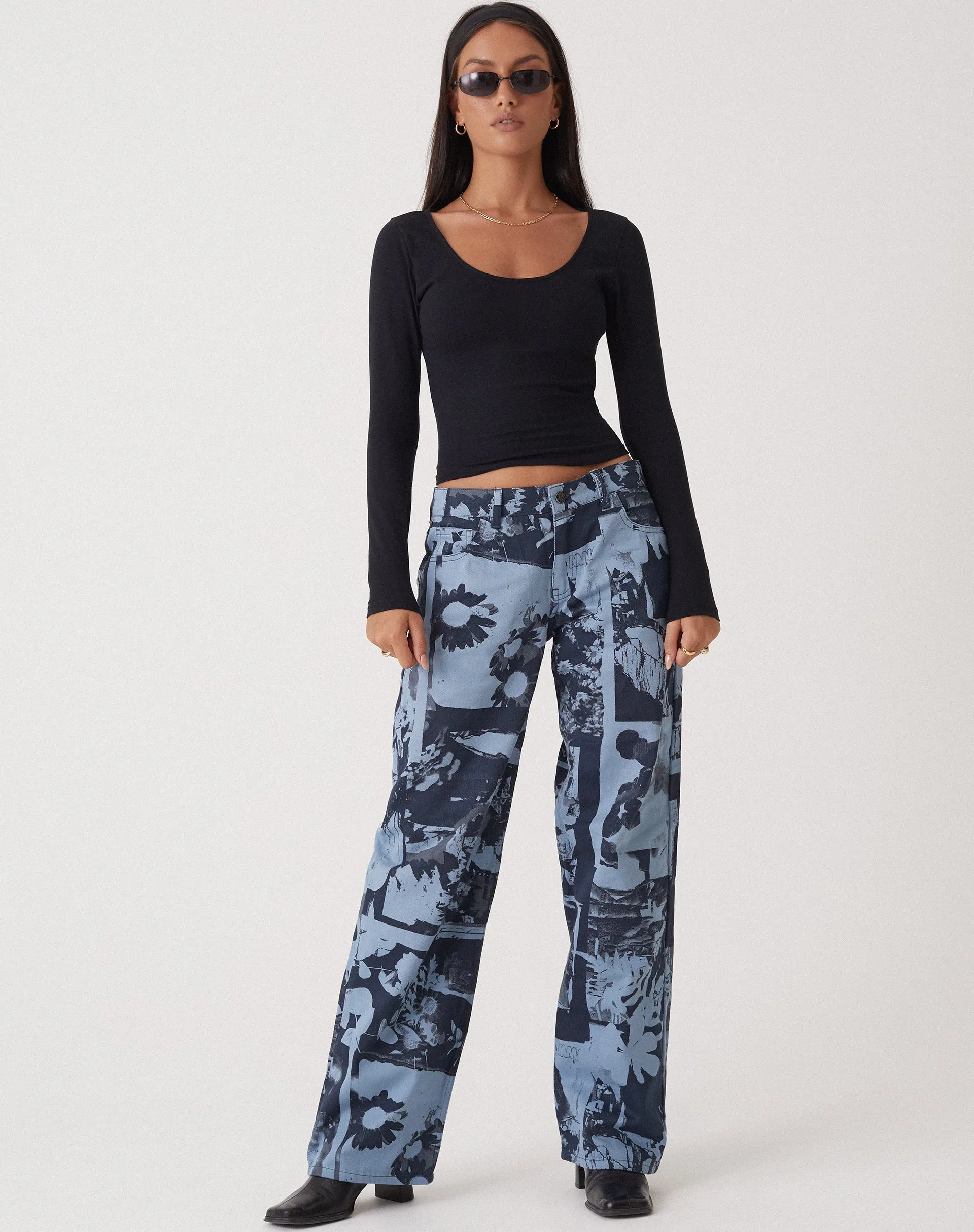 Motel x Olivia Neill Low Rise Parallel Jean in Photo Collage Blue