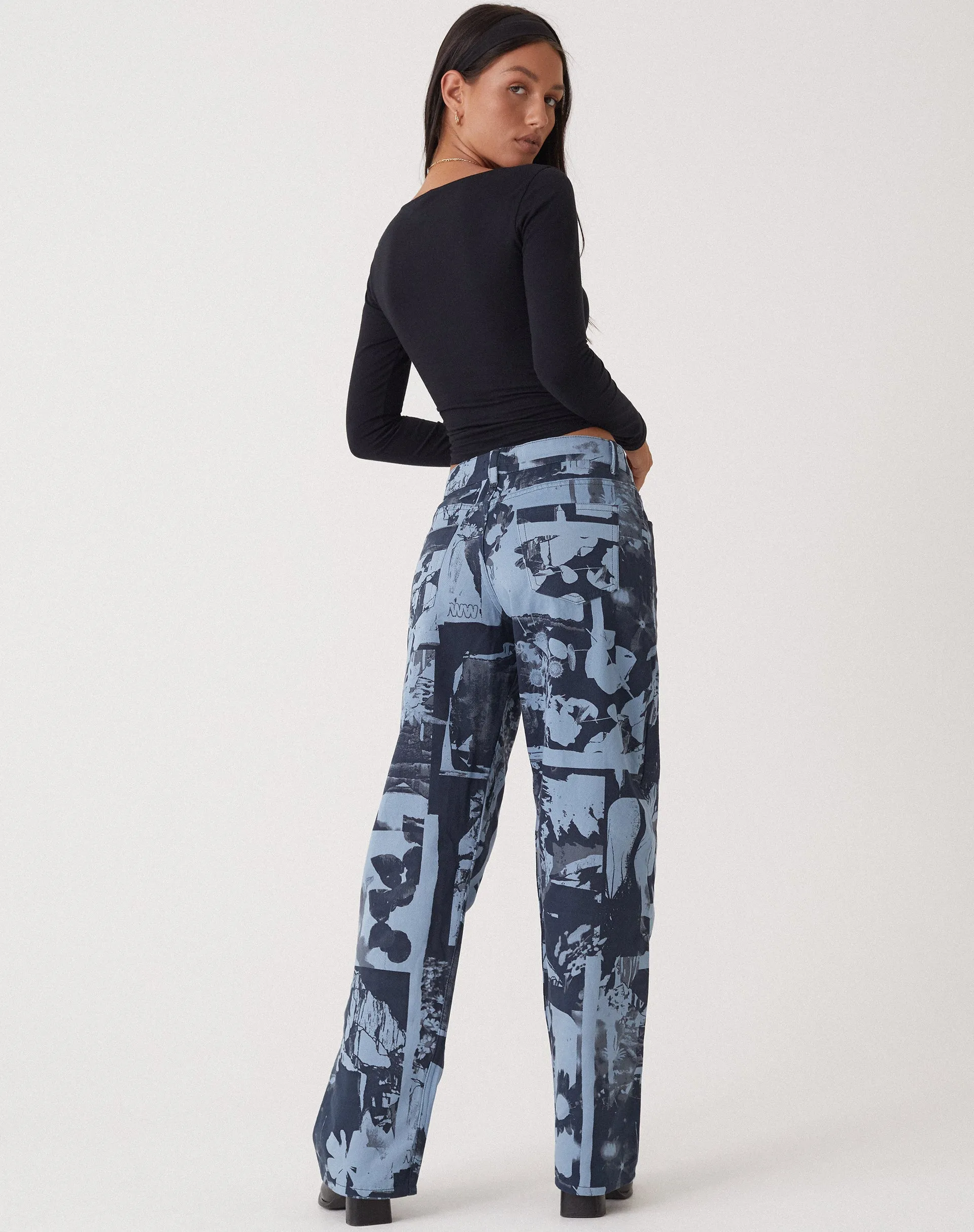 Motel x Olivia Neill Low Rise Parallel Jean in Photo Collage Blue