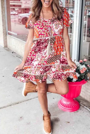 Multicolor Vintage Boho Print Short Sleeve Shift Dress