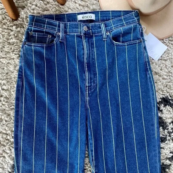 New Etica Finn Striped High Rise Straight Leg Cuffed Jeans