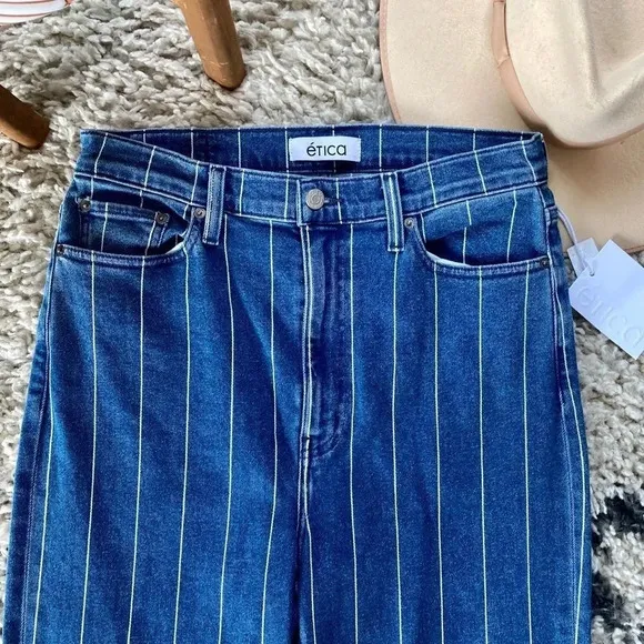 New Etica Finn Striped High Rise Straight Leg Cuffed Jeans
