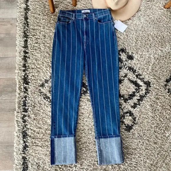 New Etica Finn Striped High Rise Straight Leg Cuffed Jeans