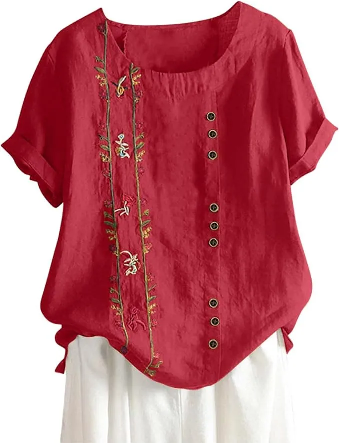 NEW zcgoxvn Cotton Linen Tops for Women Plus Size Tshirts Short Sleeve Blouse Boho T Shirts 2024 Summer T-Shirts Crewneck Tees, Red, Sz XXL