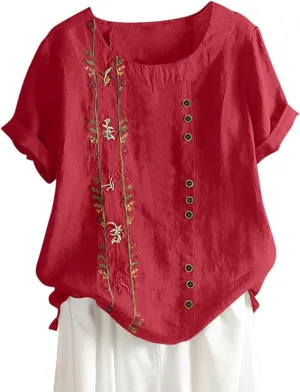 NEW zcgoxvn Cotton Linen Tops for Women Plus Size Tshirts Short Sleeve Blouse Boho T Shirts 2024 Summer T-Shirts Crewneck Tees, Red, Sz XXL