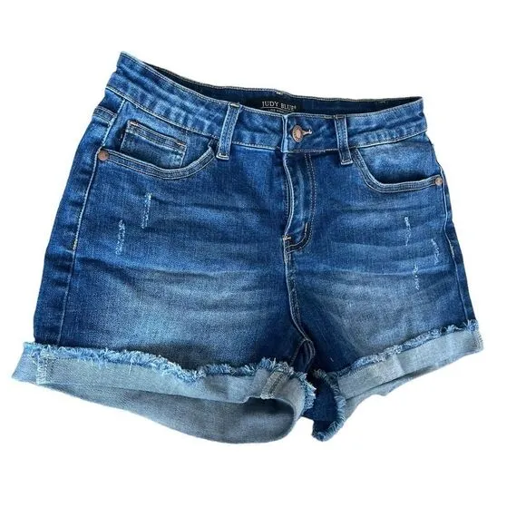 NWOT JUDY BLUE DENIM CUFFED FRAYED DISTRESSED SHORTS WOMENS SIZE 27