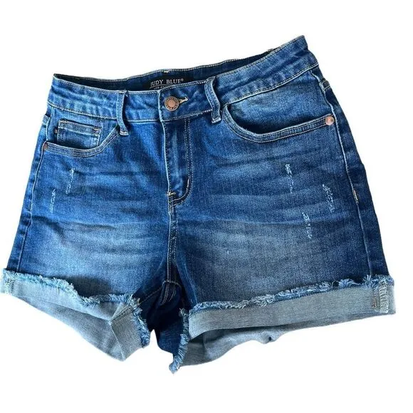 NWOT JUDY BLUE DENIM CUFFED FRAYED DISTRESSED SHORTS WOMENS SIZE 27