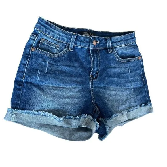 NWOT JUDY BLUE DENIM CUFFED FRAYED DISTRESSED SHORTS WOMENS SIZE 27