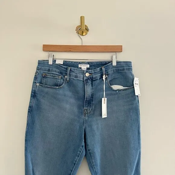 NWT Good American Good Classic High Rise Ripped Straight Jeans Blue 14