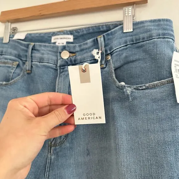 NWT Good American Good Classic High Rise Ripped Straight Jeans Blue 14