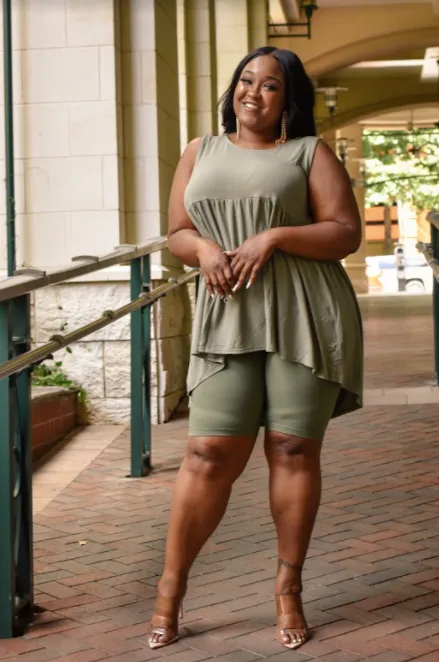 Olive Cotton Biker Short Set-Plus Size