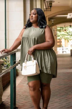 Olive Cotton Biker Short Set-Plus Size