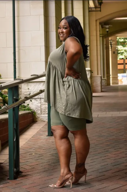 Olive Cotton Biker Short Set-Plus Size