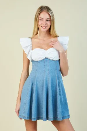 OPEN BACK RHINE STONE TRIM MIXED DENIM MINI DRESS