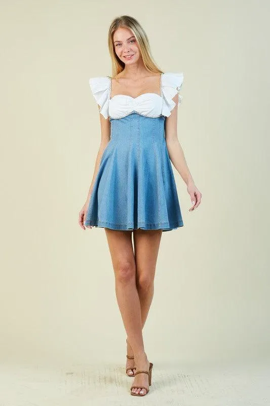 OPEN BACK RHINE STONE TRIM MIXED DENIM MINI DRESS