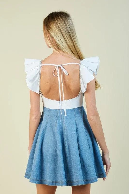OPEN BACK RHINE STONE TRIM MIXED DENIM MINI DRESS