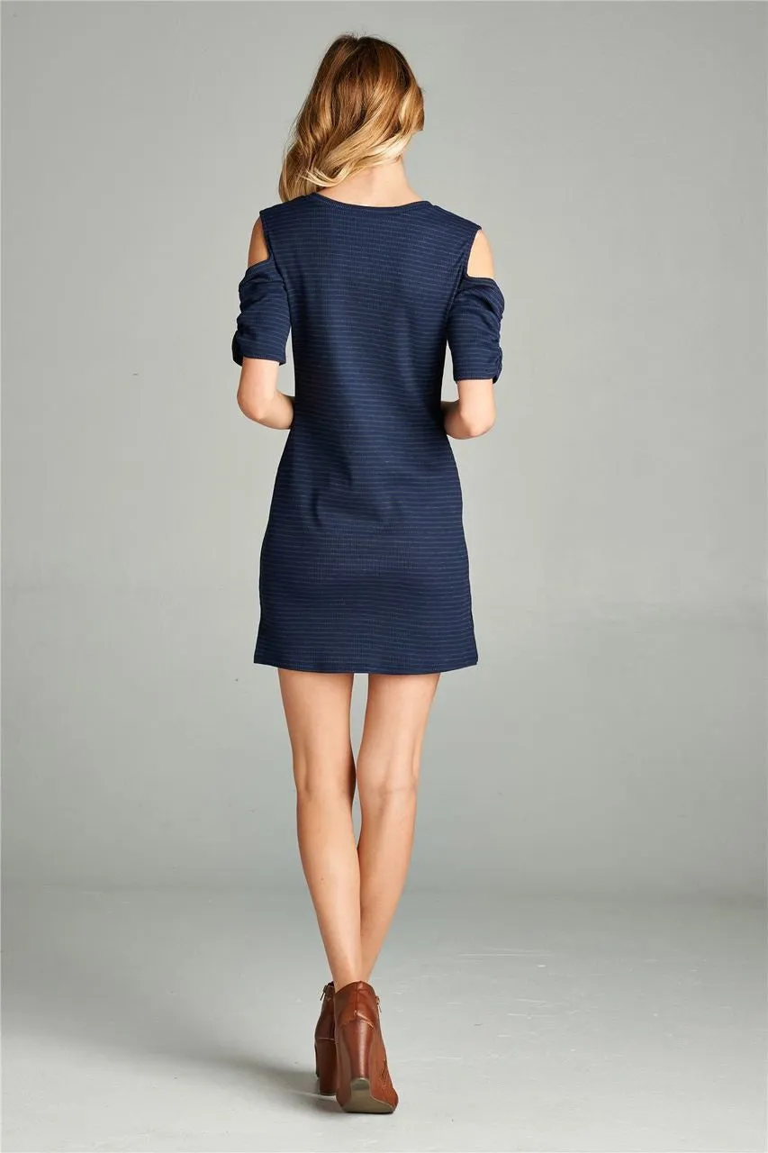 Open Shoulder Ribbed Dress with V Neck Striped Navy