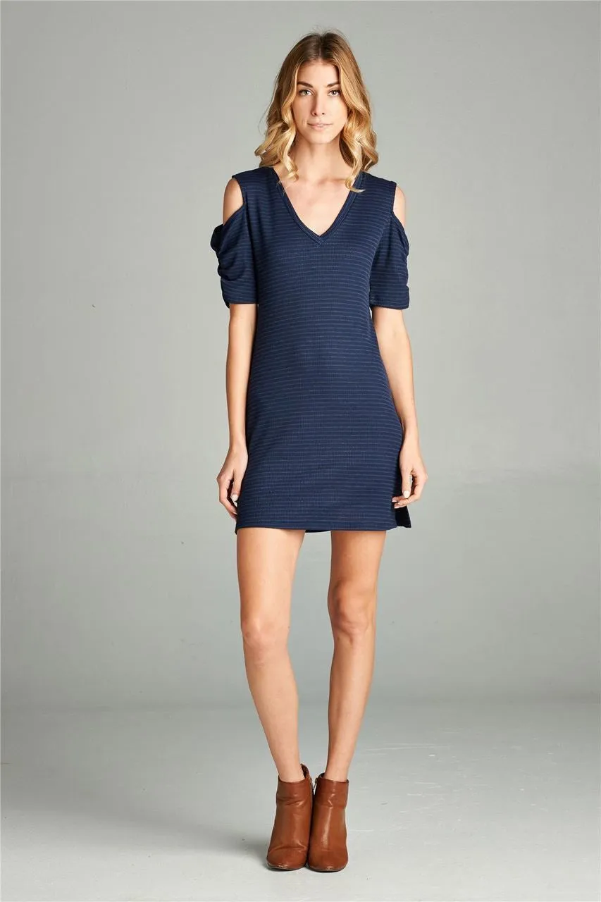 Open Shoulder Ribbed Dress with V Neck Striped Navy